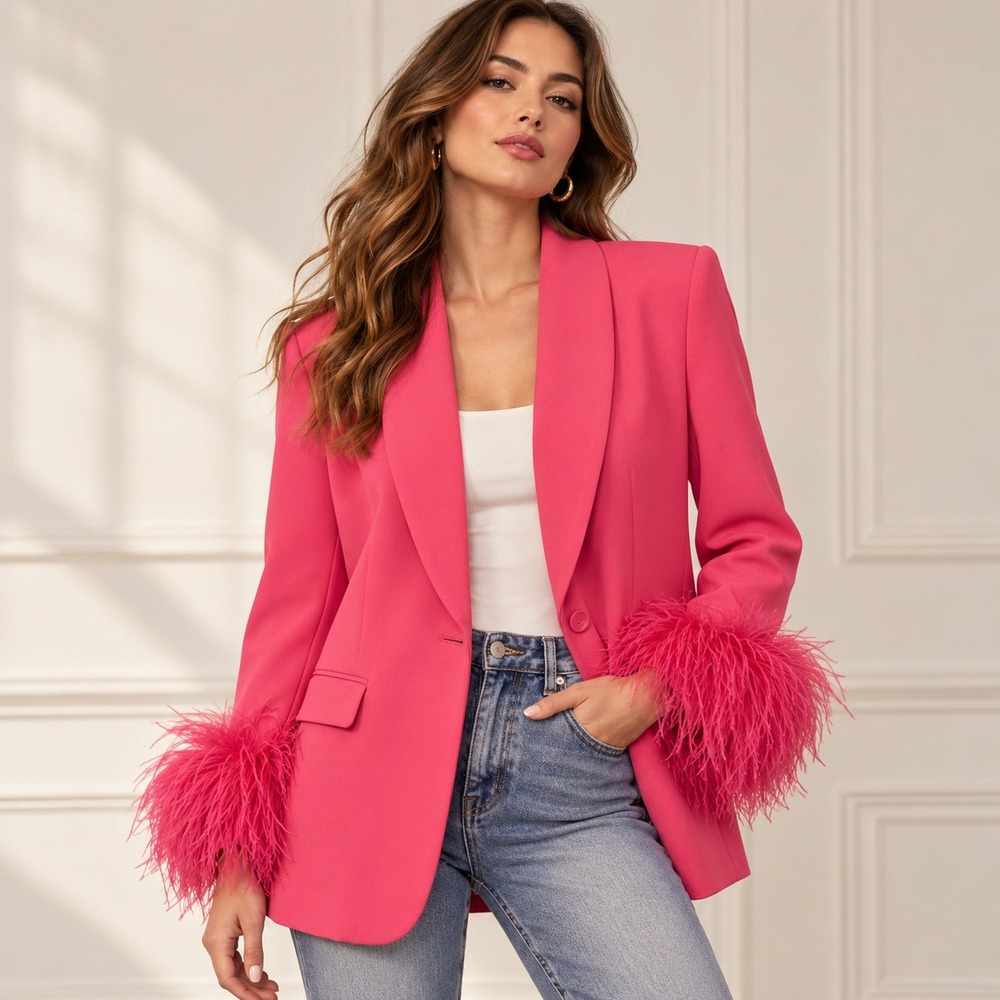 Zara Straight Cut Feather Cuff Blazer Womens M Pink FW22 Blogger Favorite